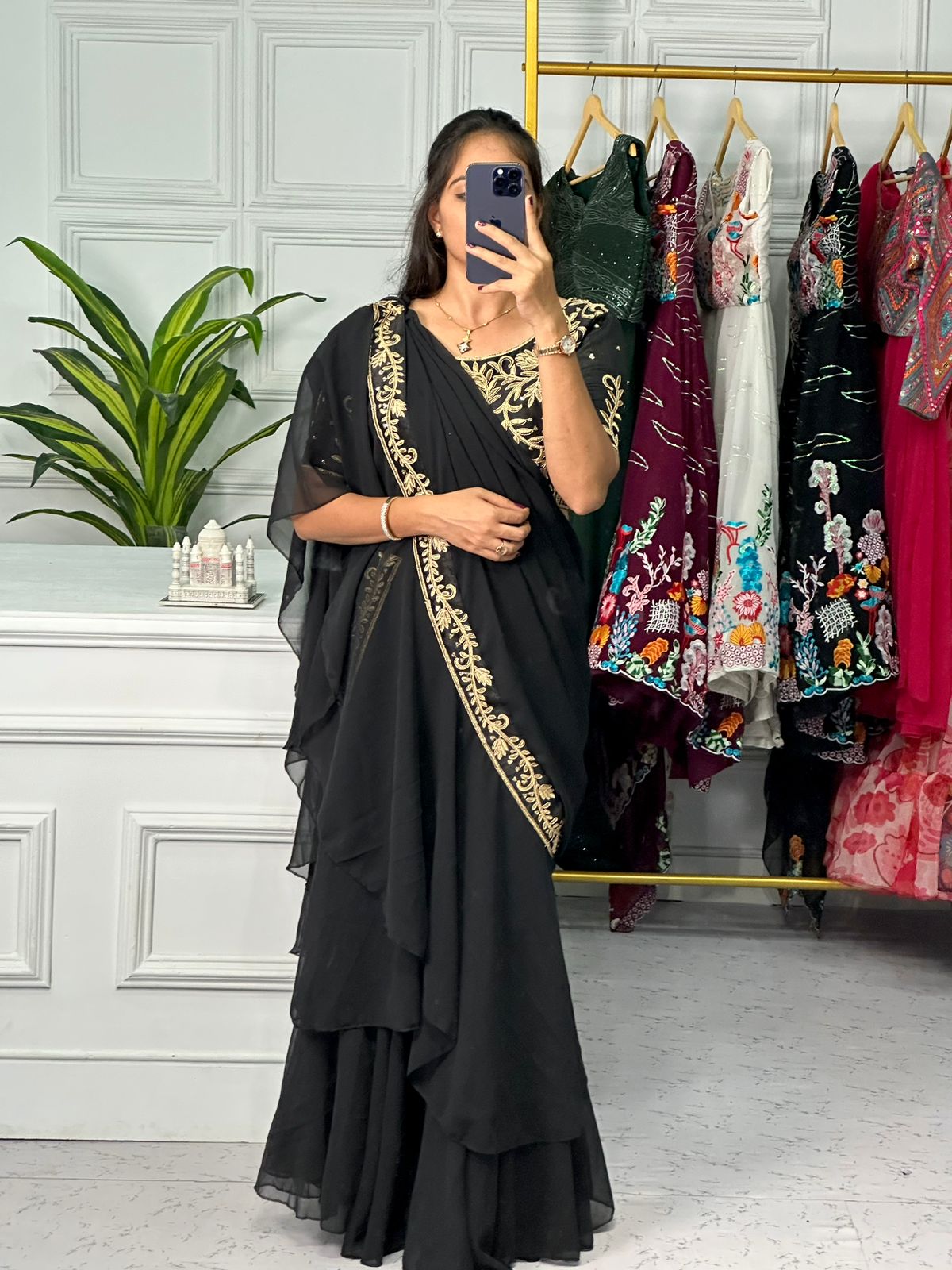 Pretty Black Color Embroidery Work Lehenga Saree