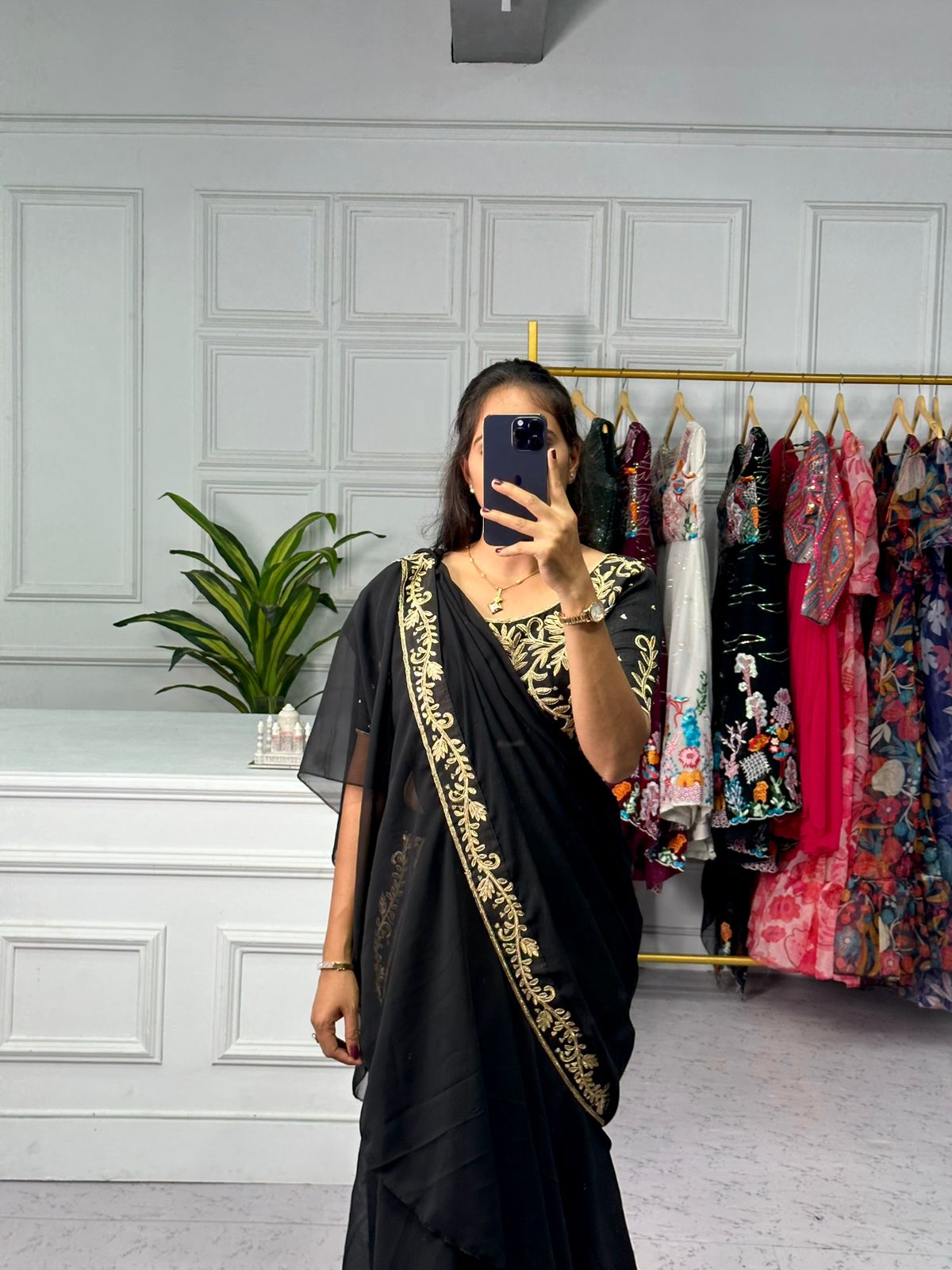 Pretty Black Color Embroidery Work Lehenga Saree