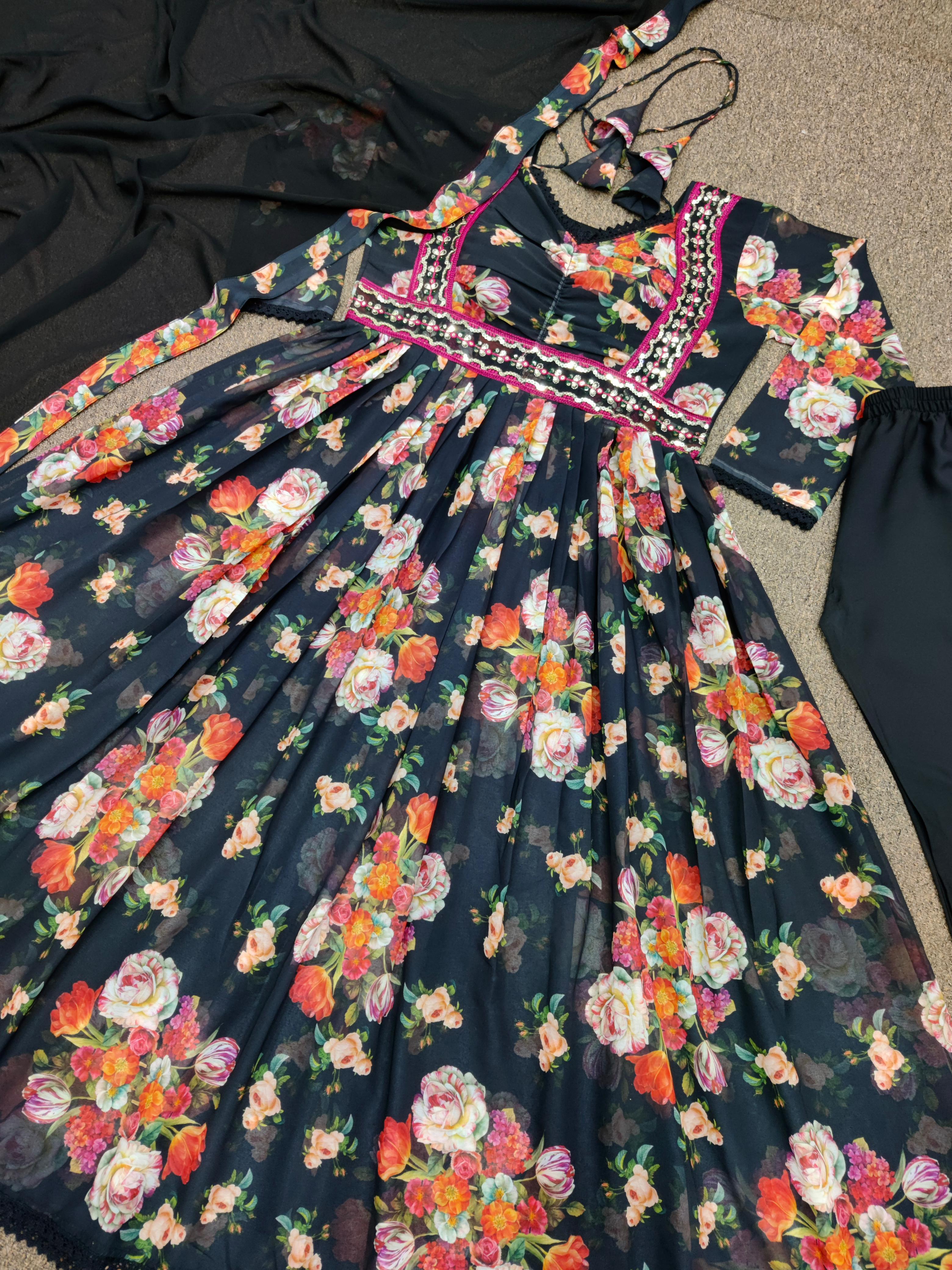 Pretty Multi Printed Work Black Color Anarkali Suit