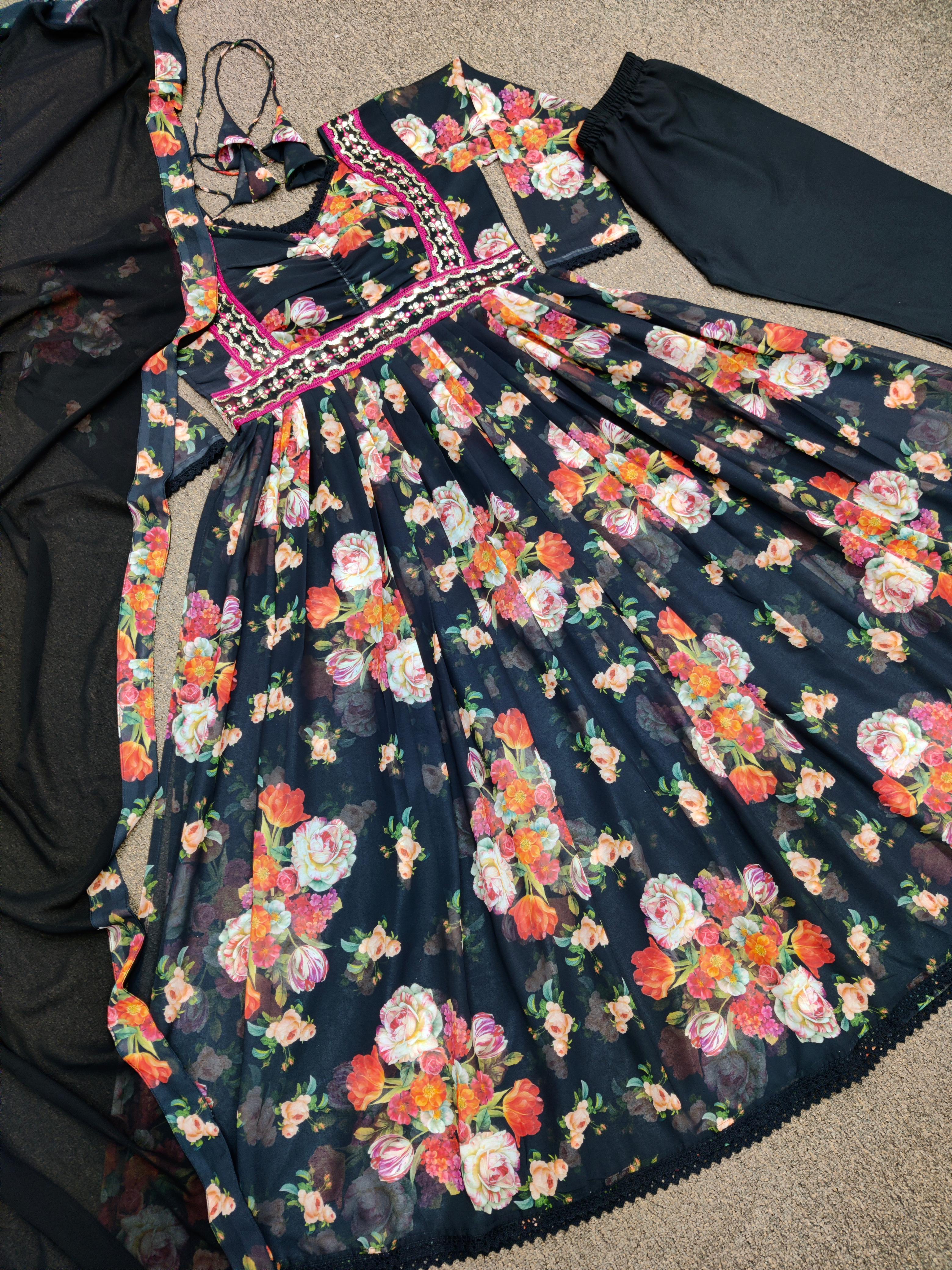 Pretty Multi Printed Work Black Color Anarkali Suit