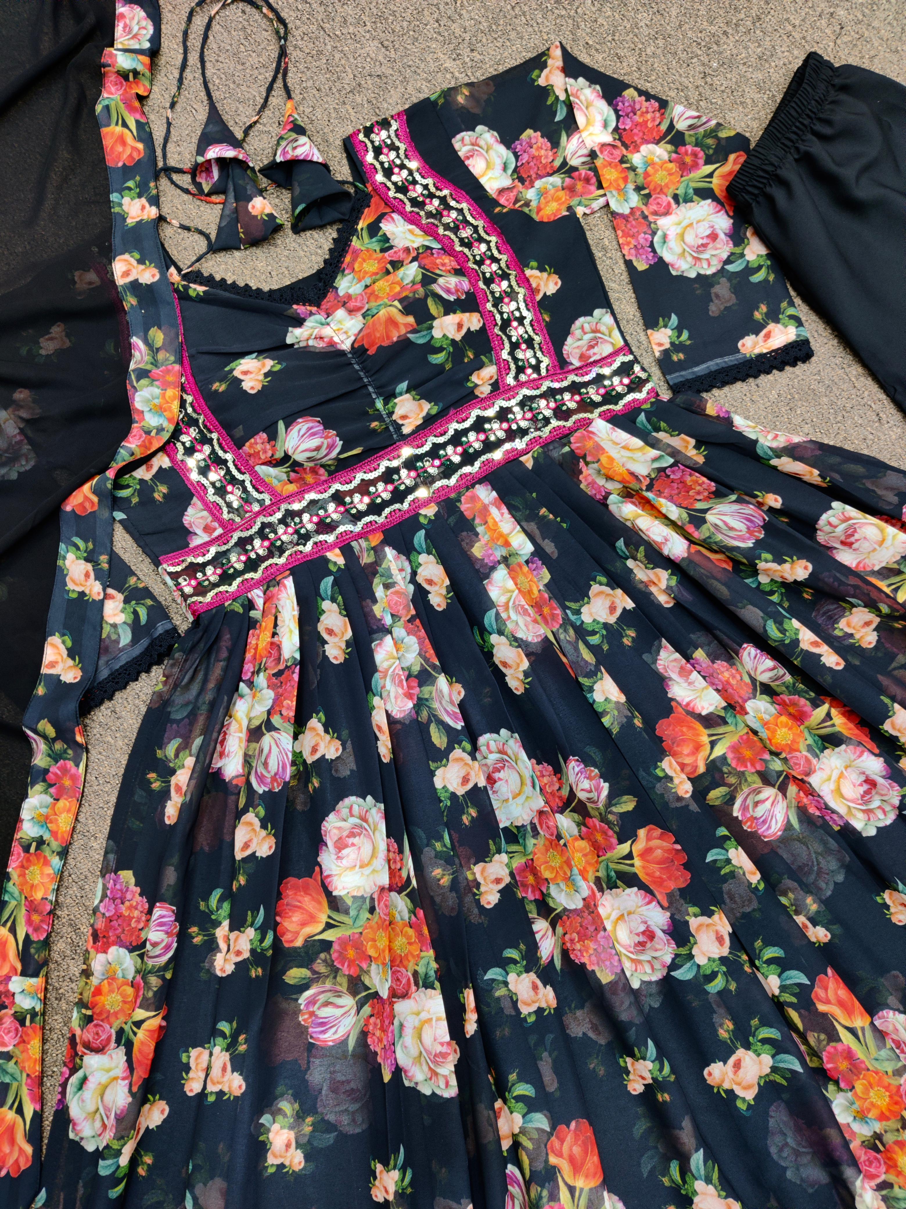 Pretty Multi Printed Work Black Color Anarkali Suit