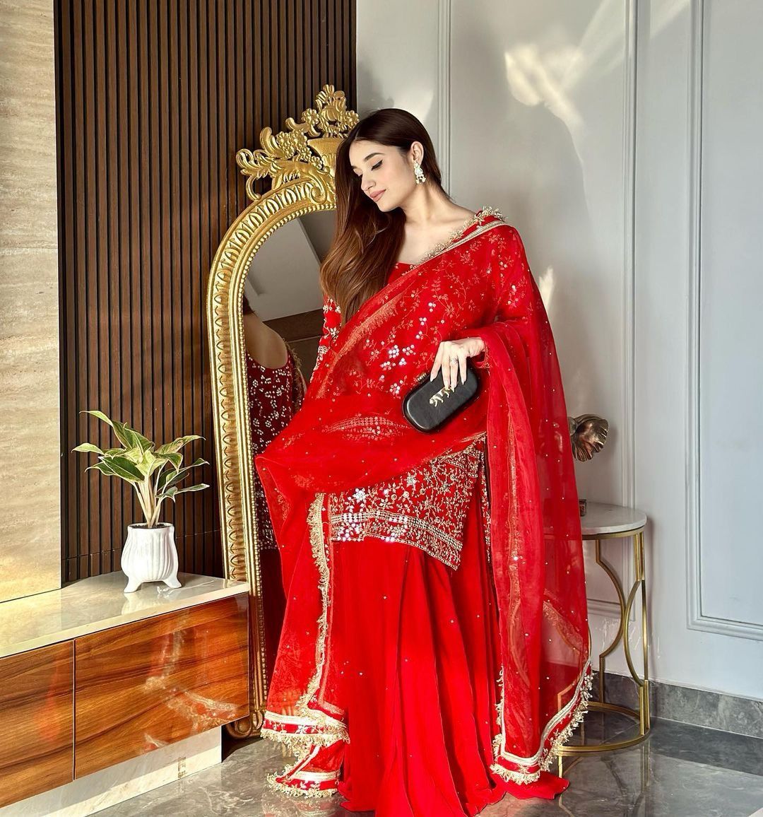 Function Wear Red Color Sharara Suit With Dupatta