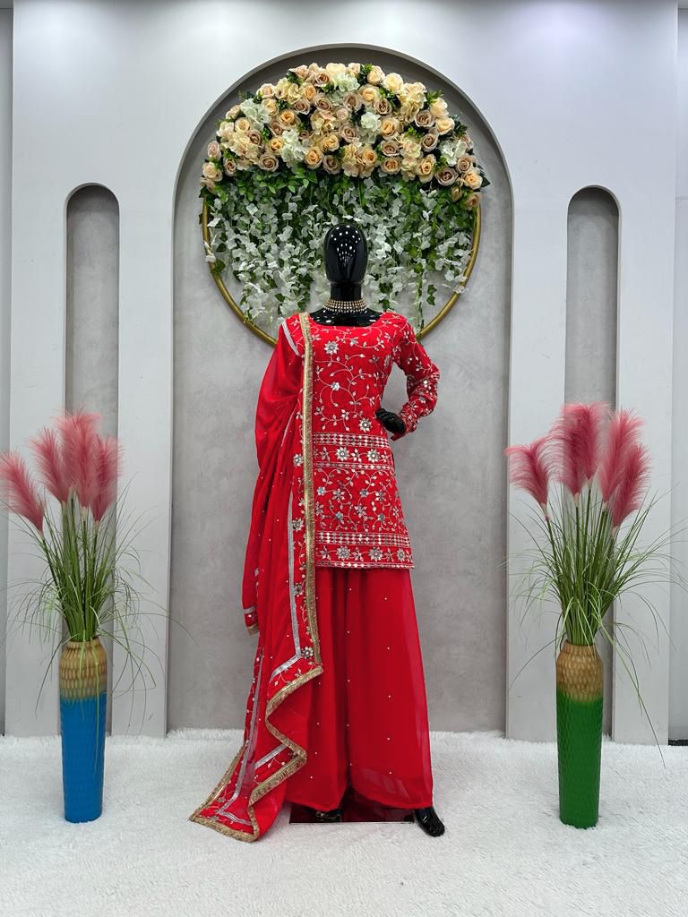 Function Wear Red Color Sharara Suit With Dupatta