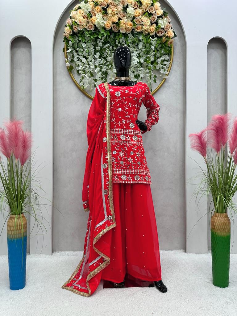 Function Wear Red Color Sharara Suit With Dupatta