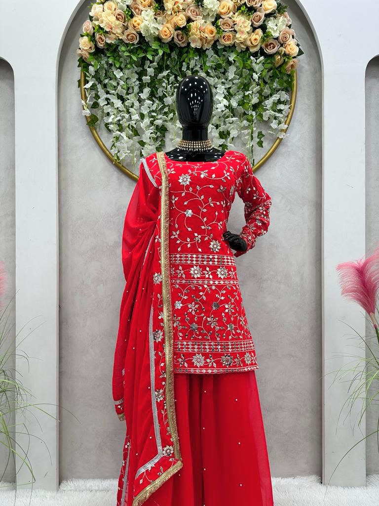 Function Wear Red Color Sharara Suit With Dupatta