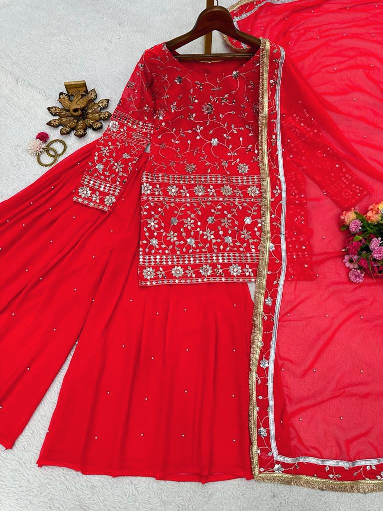 Function Wear Red Color Sharara Suit With Dupatta