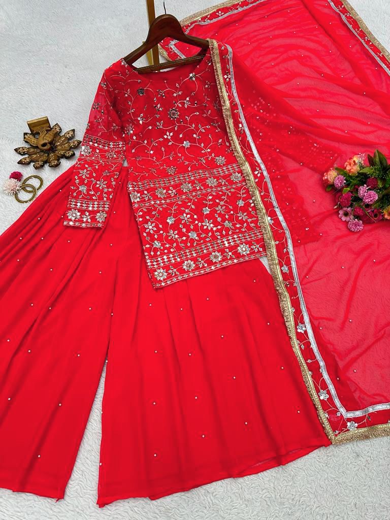 Function Wear Red Color Sharara Suit With Dupatta