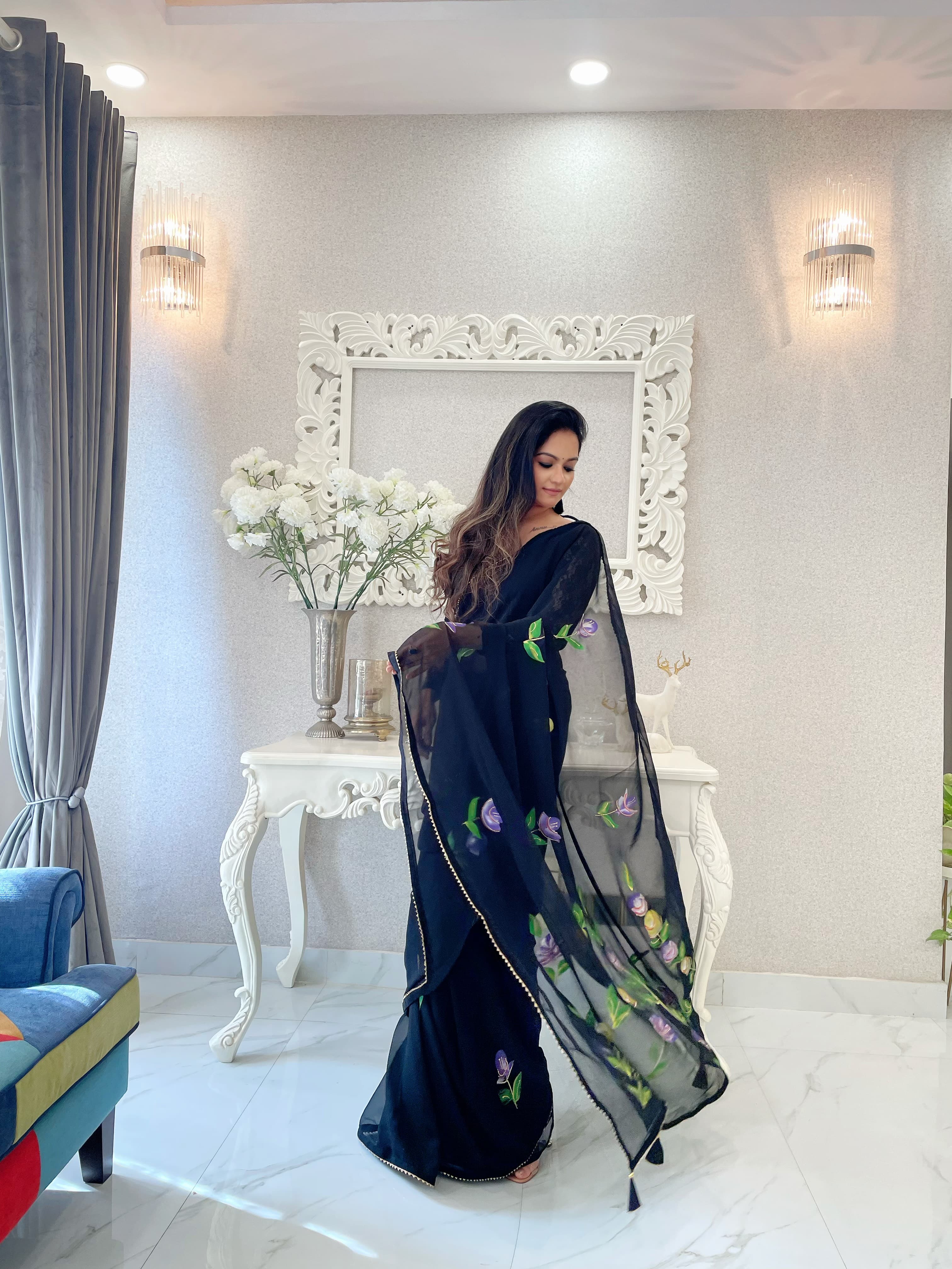 Trendy Samosa Lace Border Black Color Saree