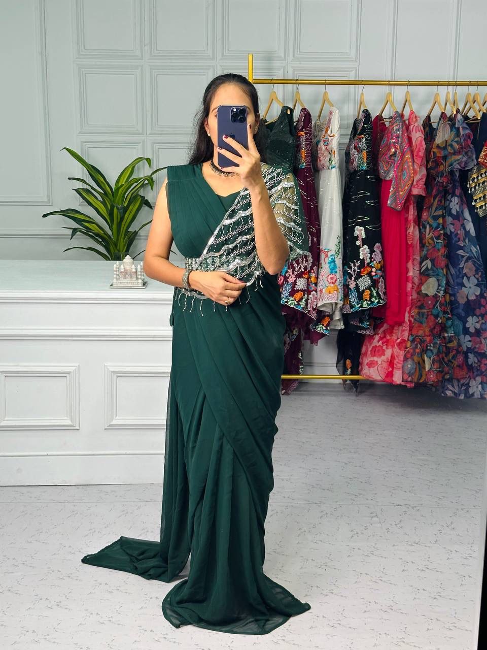 Ready To Wear Dark Green Saree With Shrug