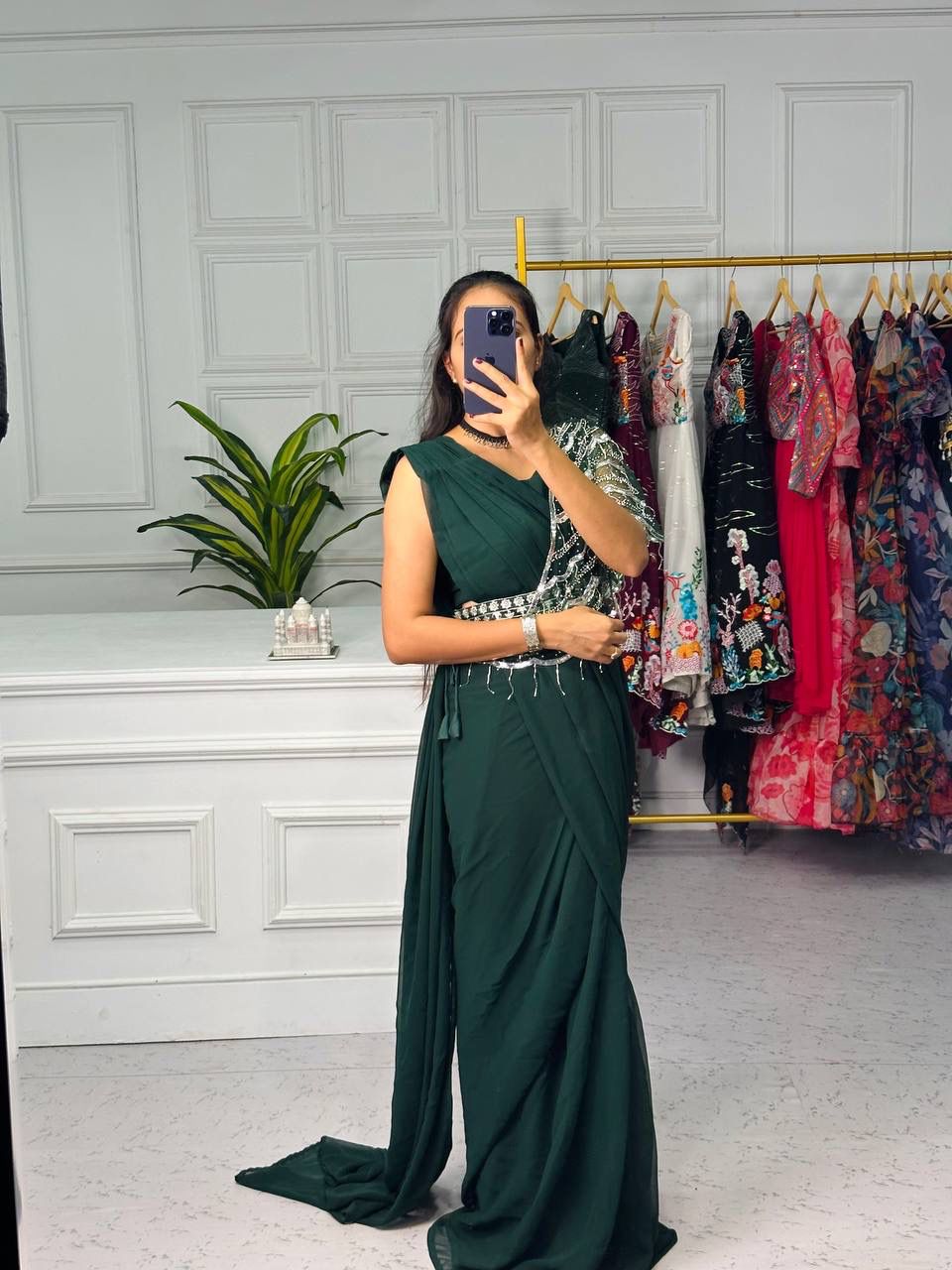 Ready To Wear Dark Green Saree With Shrug