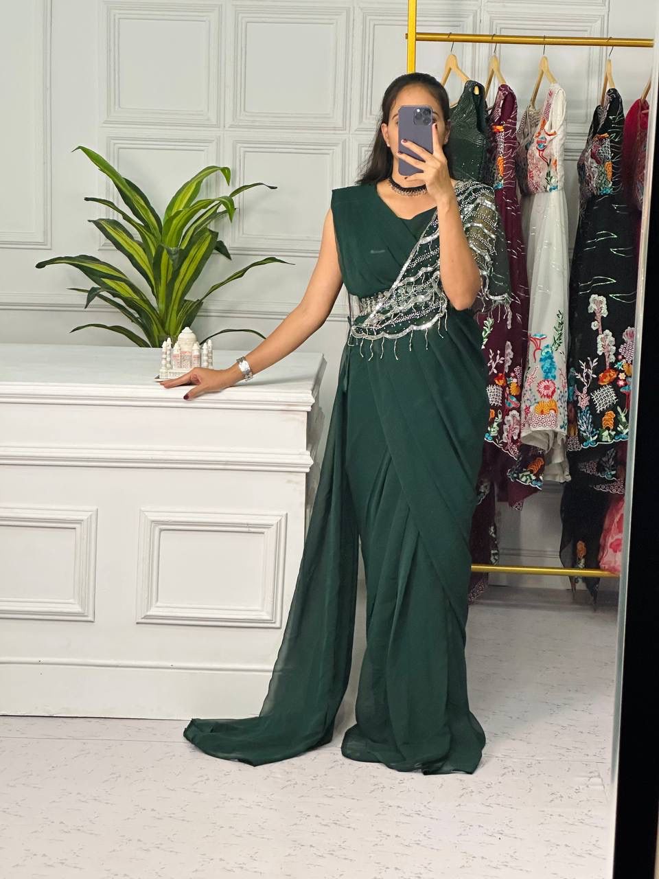 Ready To Wear Dark Green Saree With Shrug