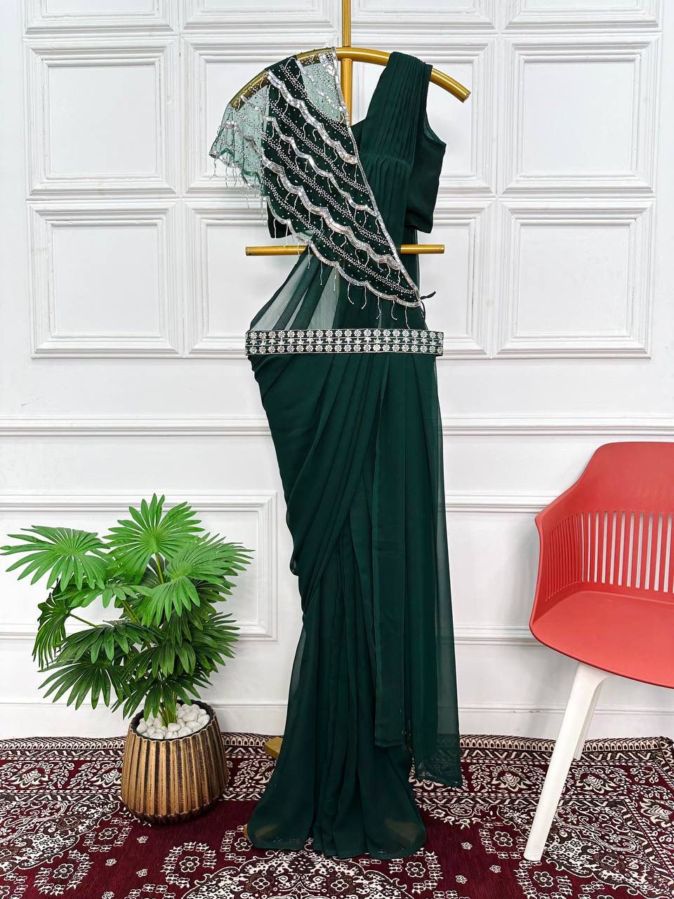 Ready To Wear Dark Green Saree With Shrug