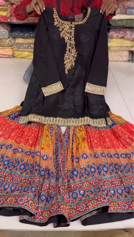 Decent Black Color Multi Embroidery Work Sharara Suit