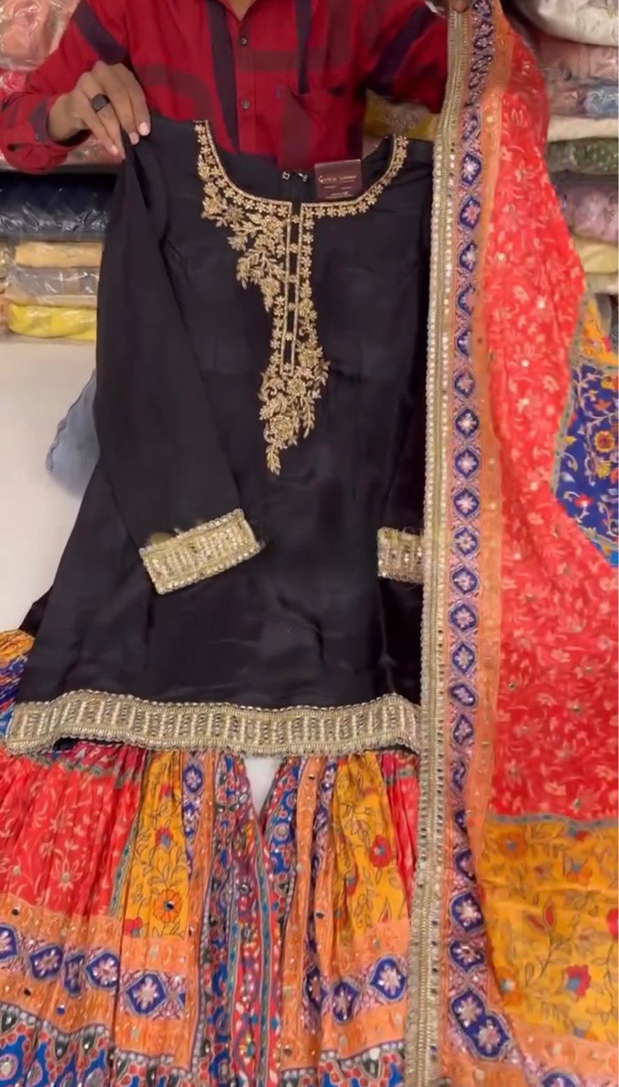 Decent Black Color Multi Embroidery Work Sharara Suit