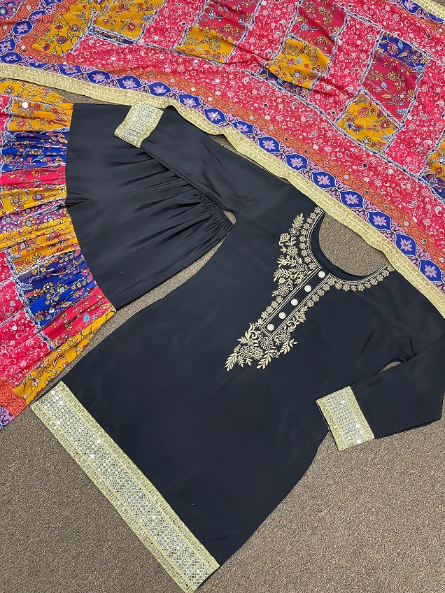 Decent Black Color Multi Embroidery Work Sharara Suit