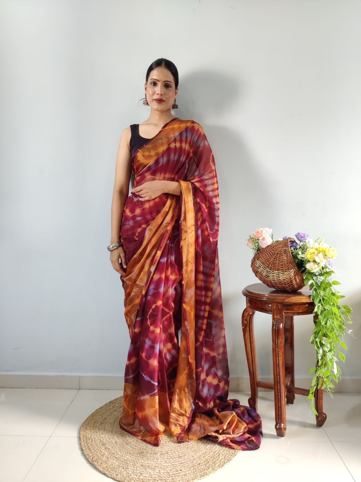 Shibori Print Maroon Color Ready To Wear Saree