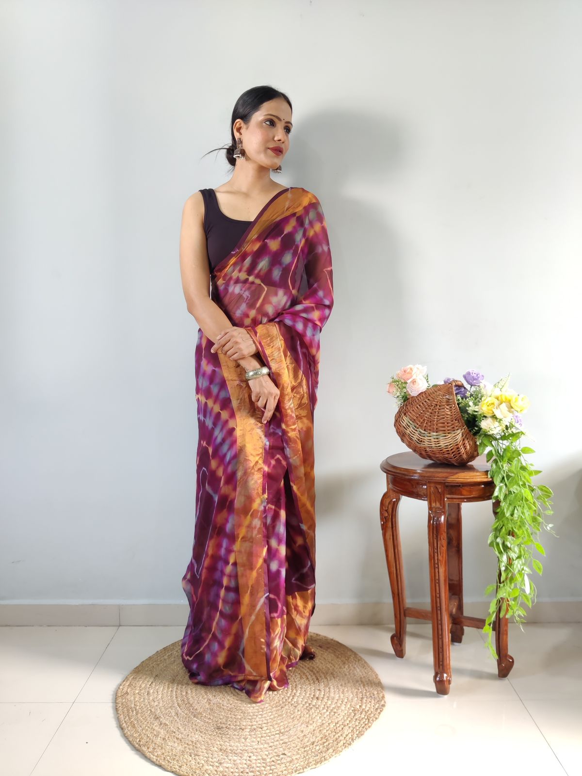 Shibori Print Wine Color Ready To Wear Saree