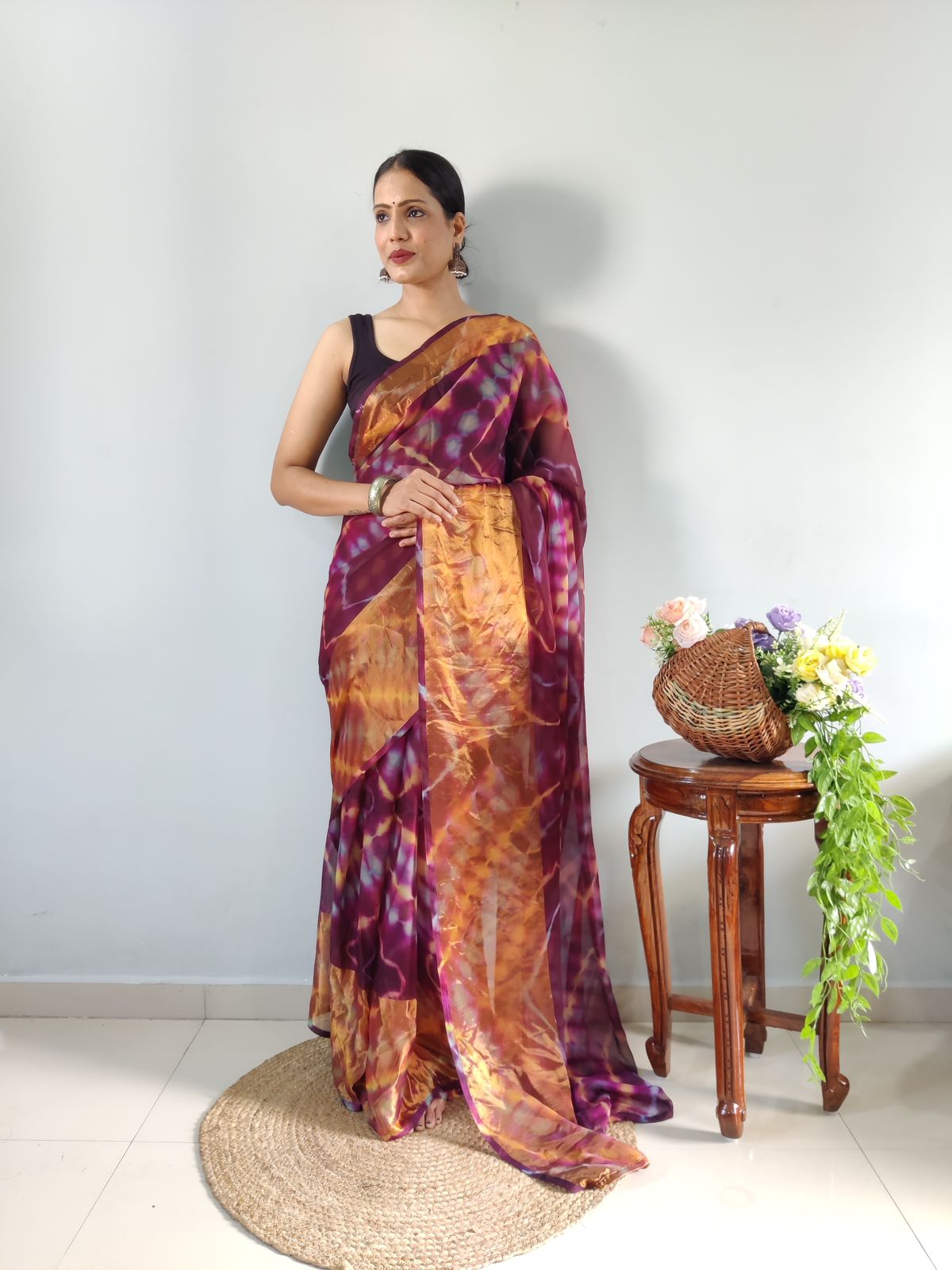 Shibori Print Wine Color Ready To Wear Saree