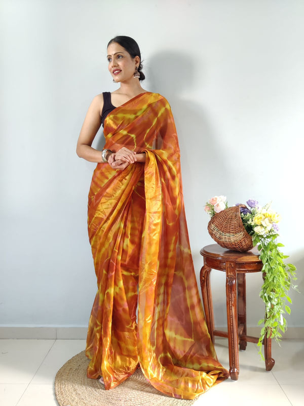 Shibori Print Mustard Color Ready To Wear Saree