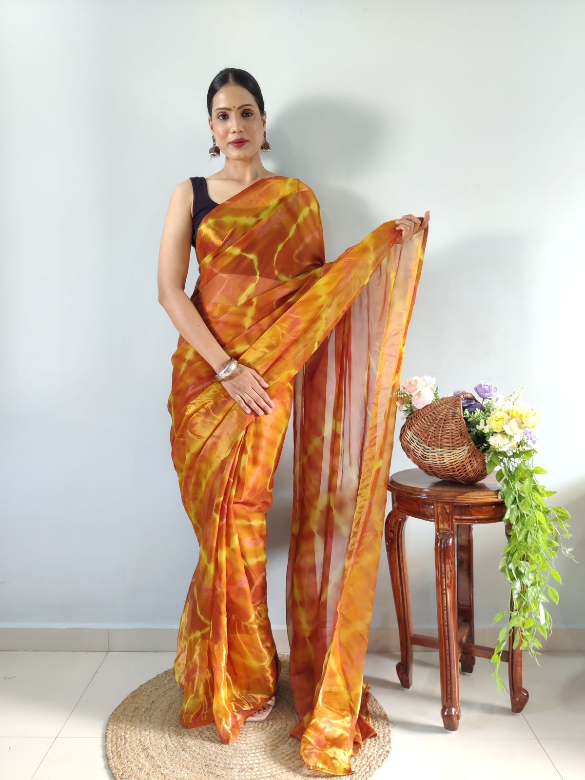 Shibori Print Mustard Color Ready To Wear Saree