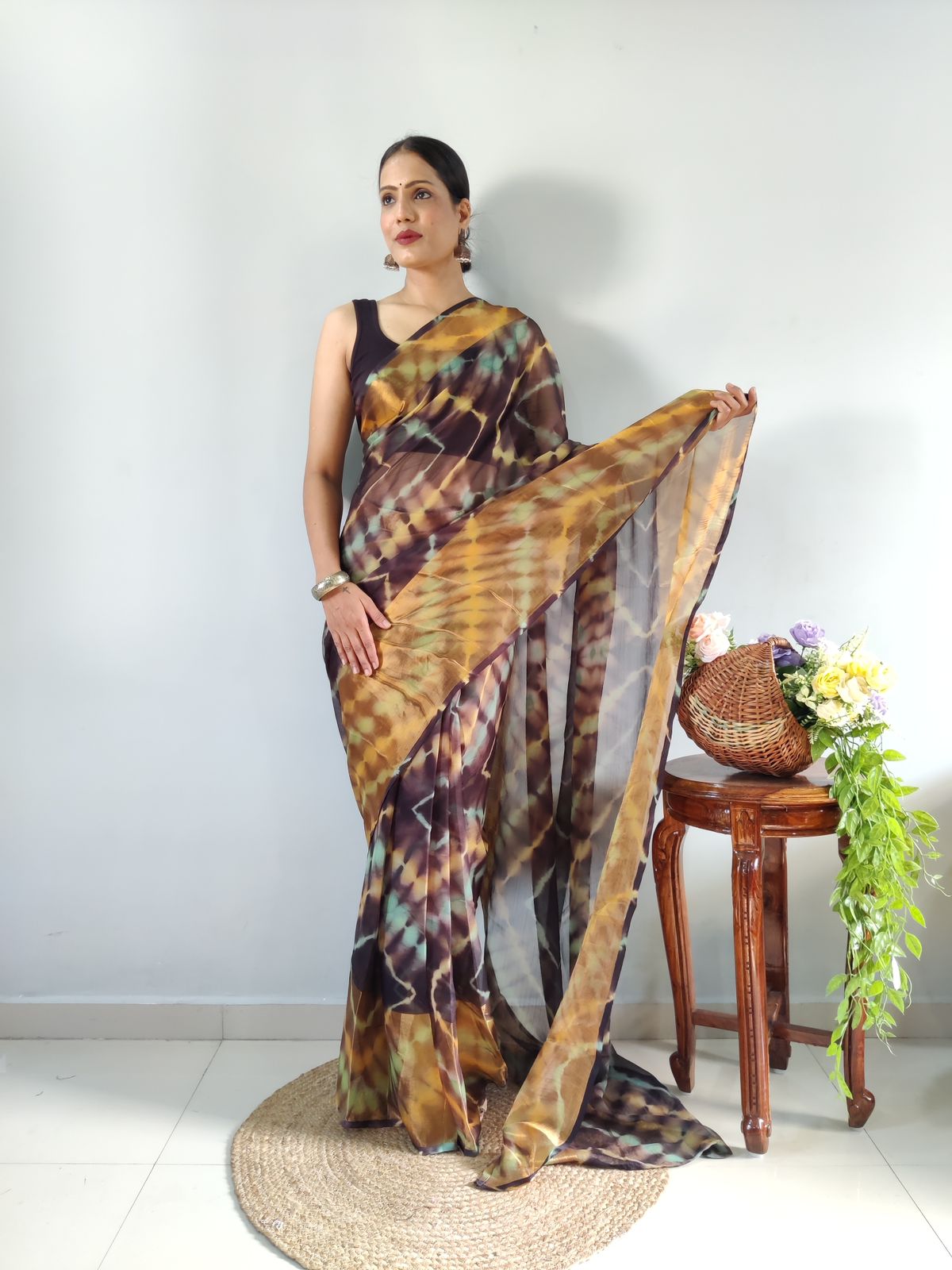 Shibori Print Brown Color Ready To Wear Saree