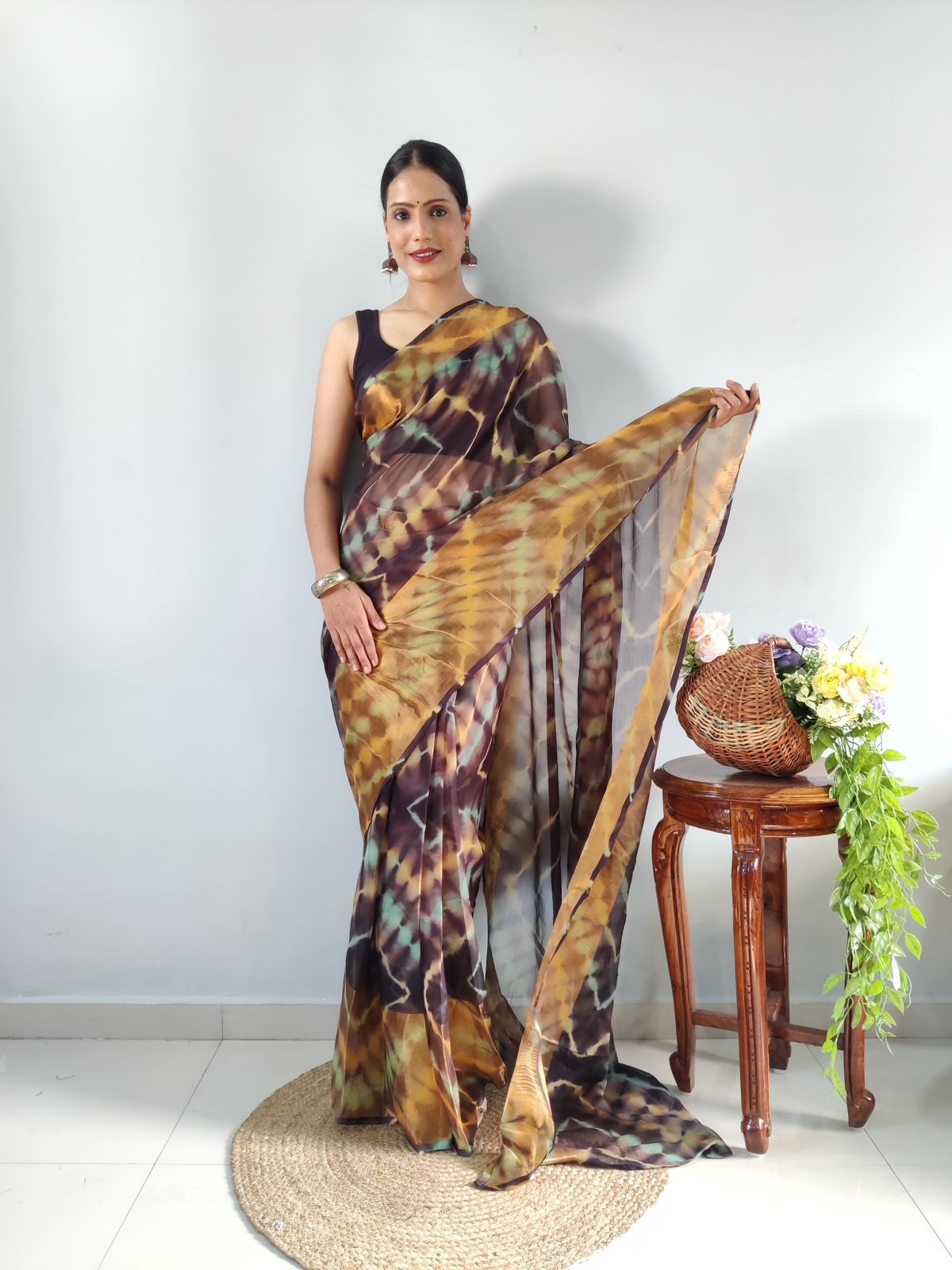 Shibori Print Brown Color Ready To Wear Saree