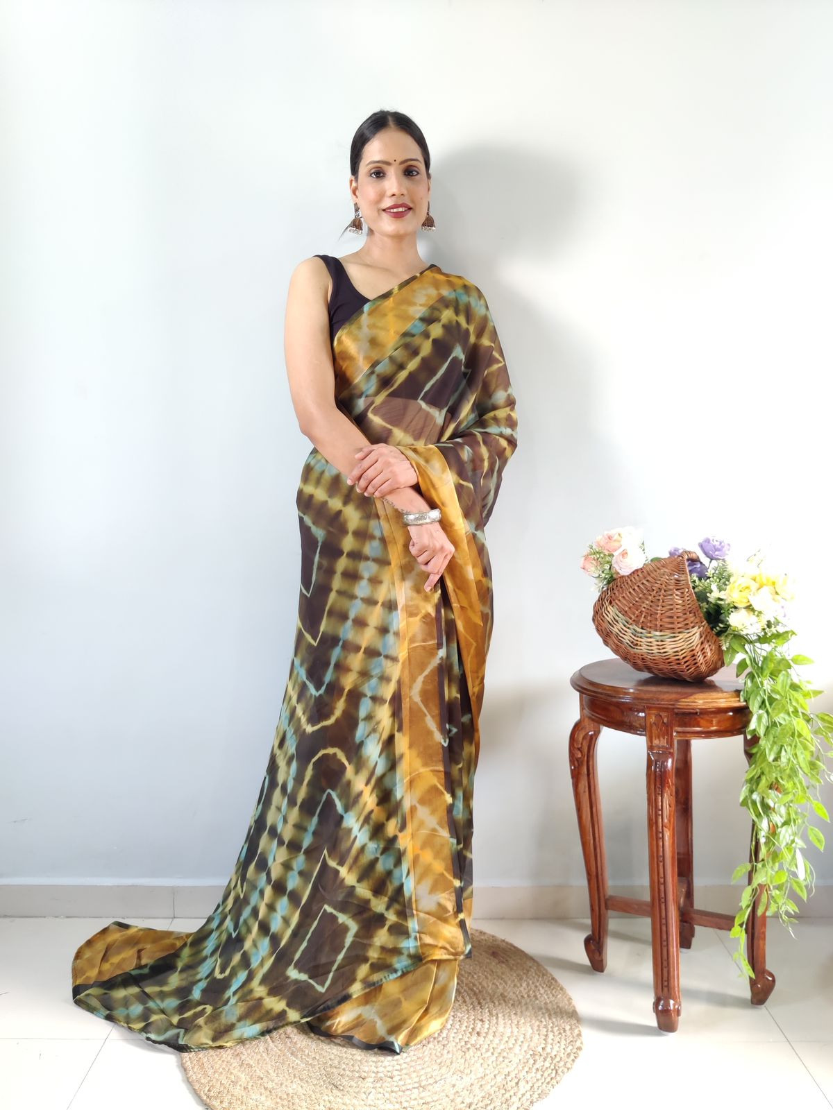 Shibori Print Black Color Ready To Wear Saree