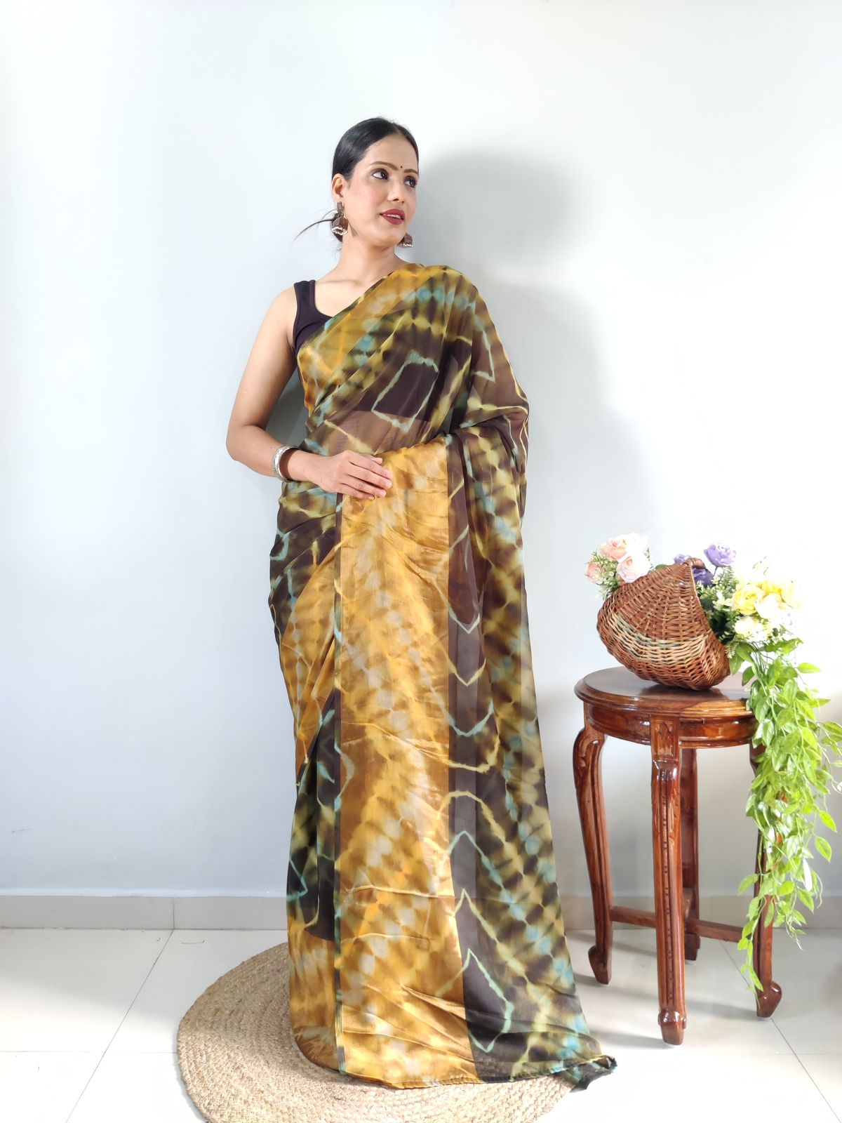 Shibori Print Black Color Ready To Wear Saree