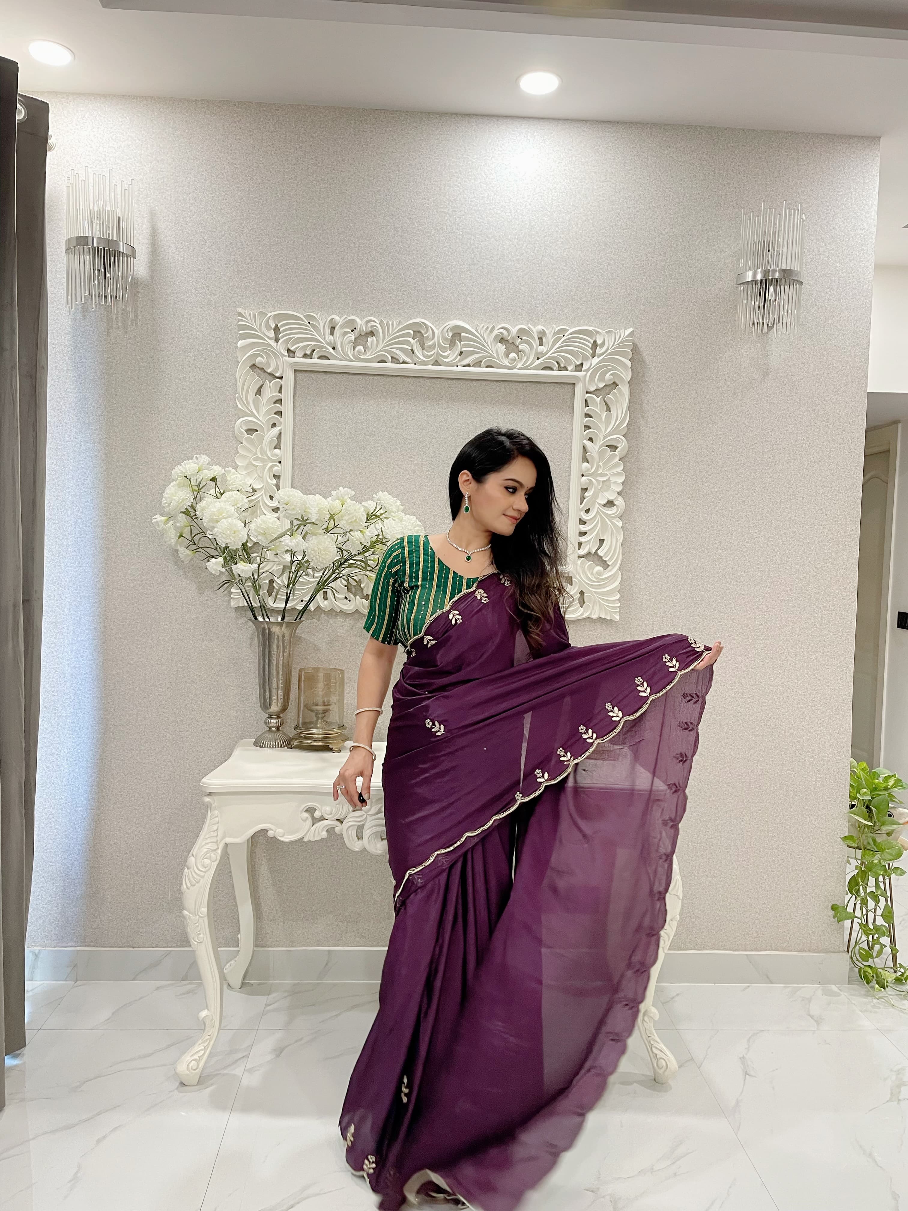 Attractive Purple Color Khatli Work Saree