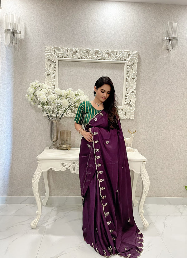 Attractive Purple Color Khatli Work Saree