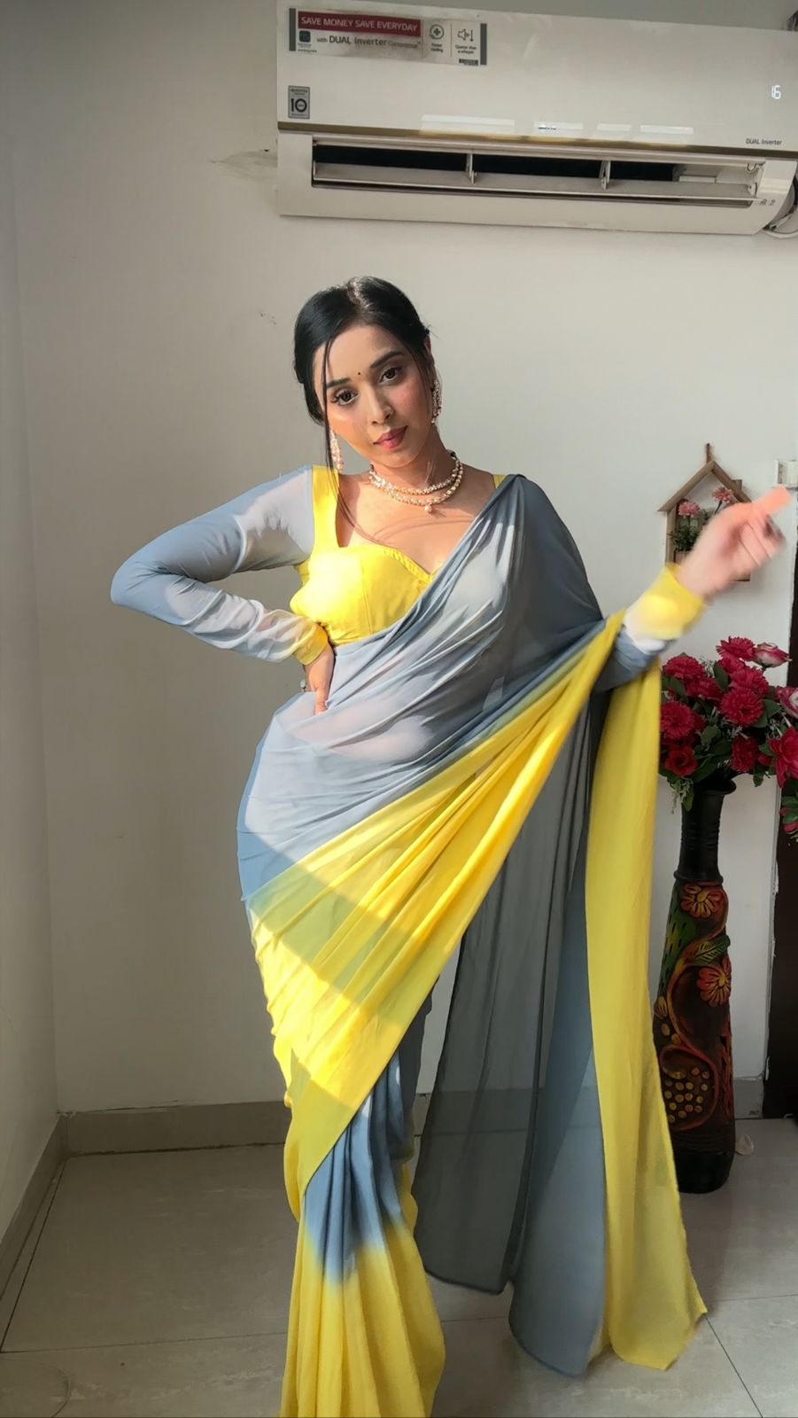 Yellow And Gray Double Shade Ready To Wear Saree