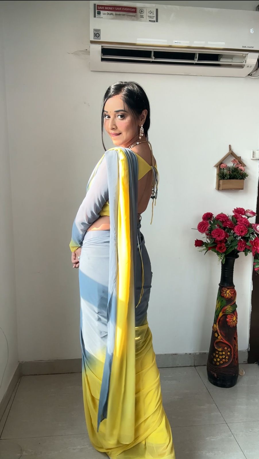 Yellow And Gray Double Shade Ready To Wear Saree