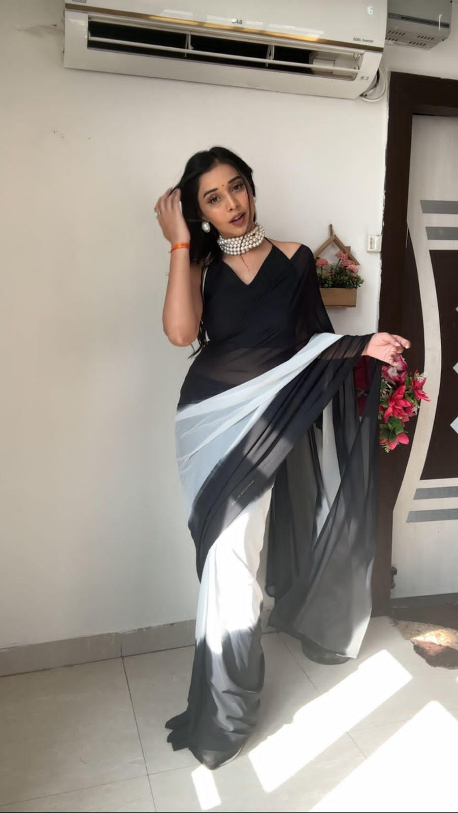 Black And White Color Printed Ready To Wear Saree