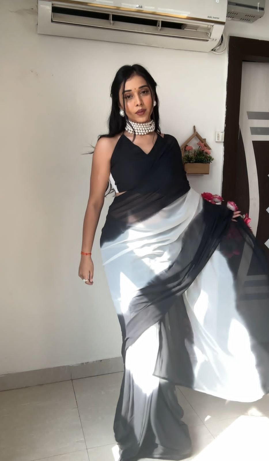 Black And White Color Printed Ready To Wear Saree