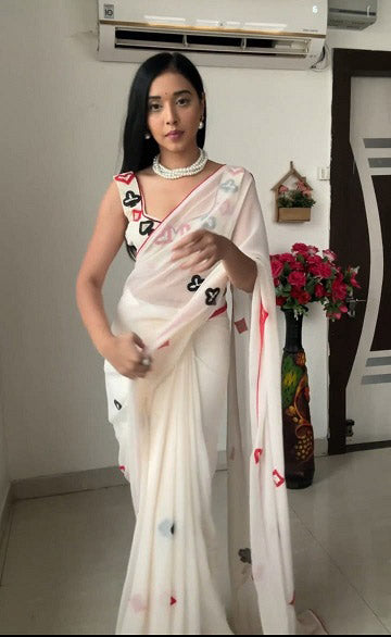 Ready To Wear White Color Embroidery Work Saree