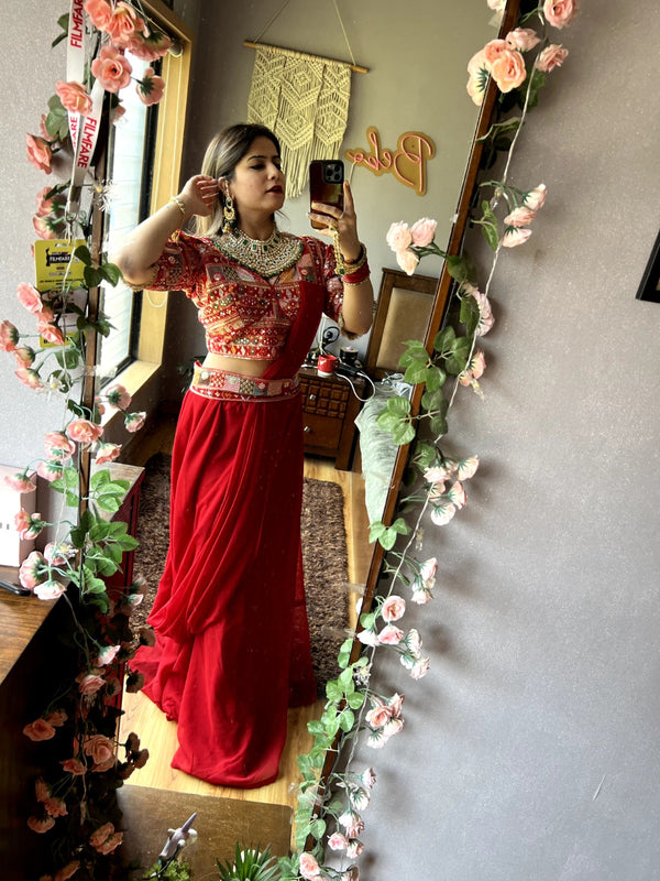 Beautiful Indo Western Red Color Lehenga Style Dress