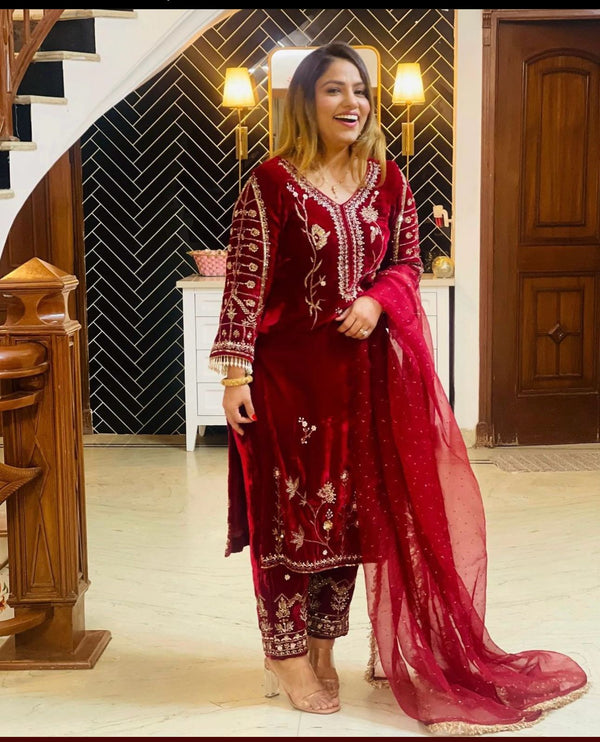 Maroon Color Function Wear Embroidered Velvet Salwar Suit