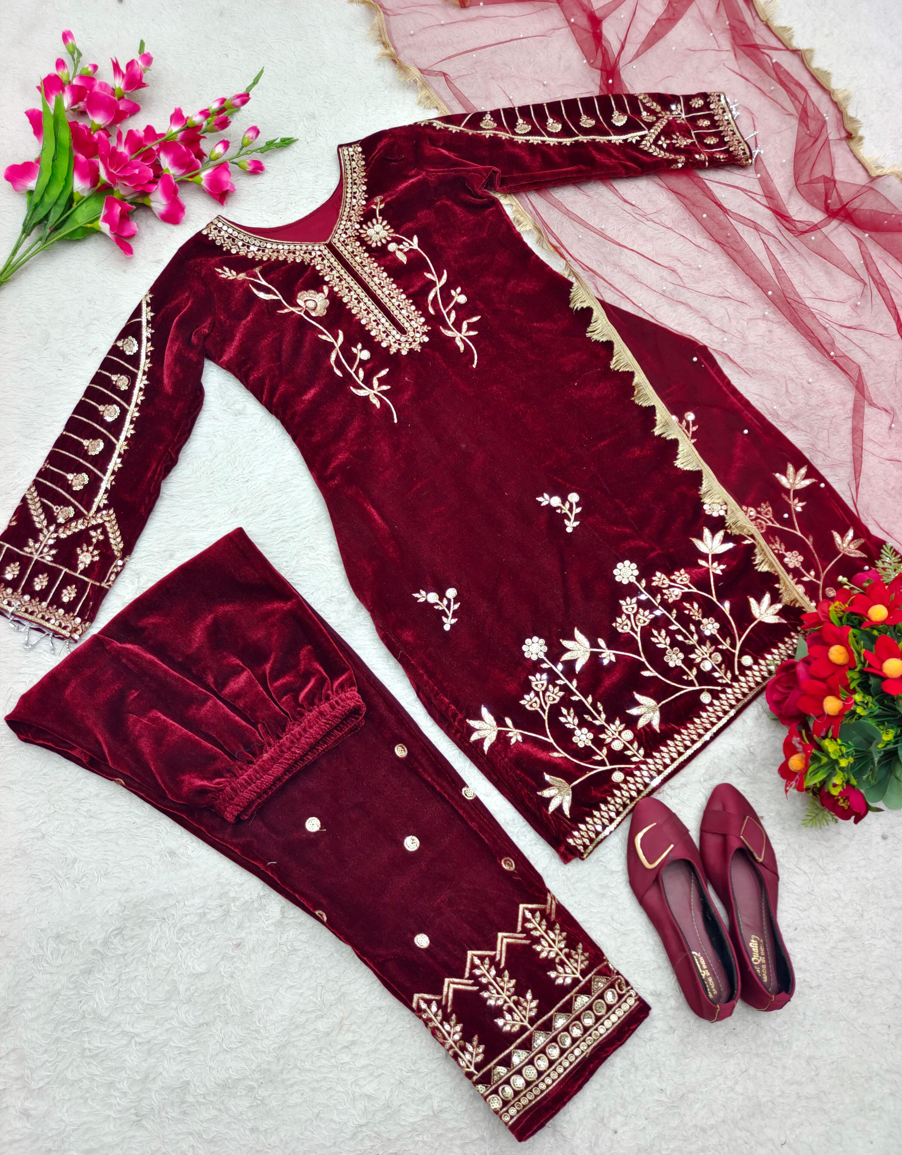 Maroon Color Function Wear Embroidered Velvet Salwar Suit