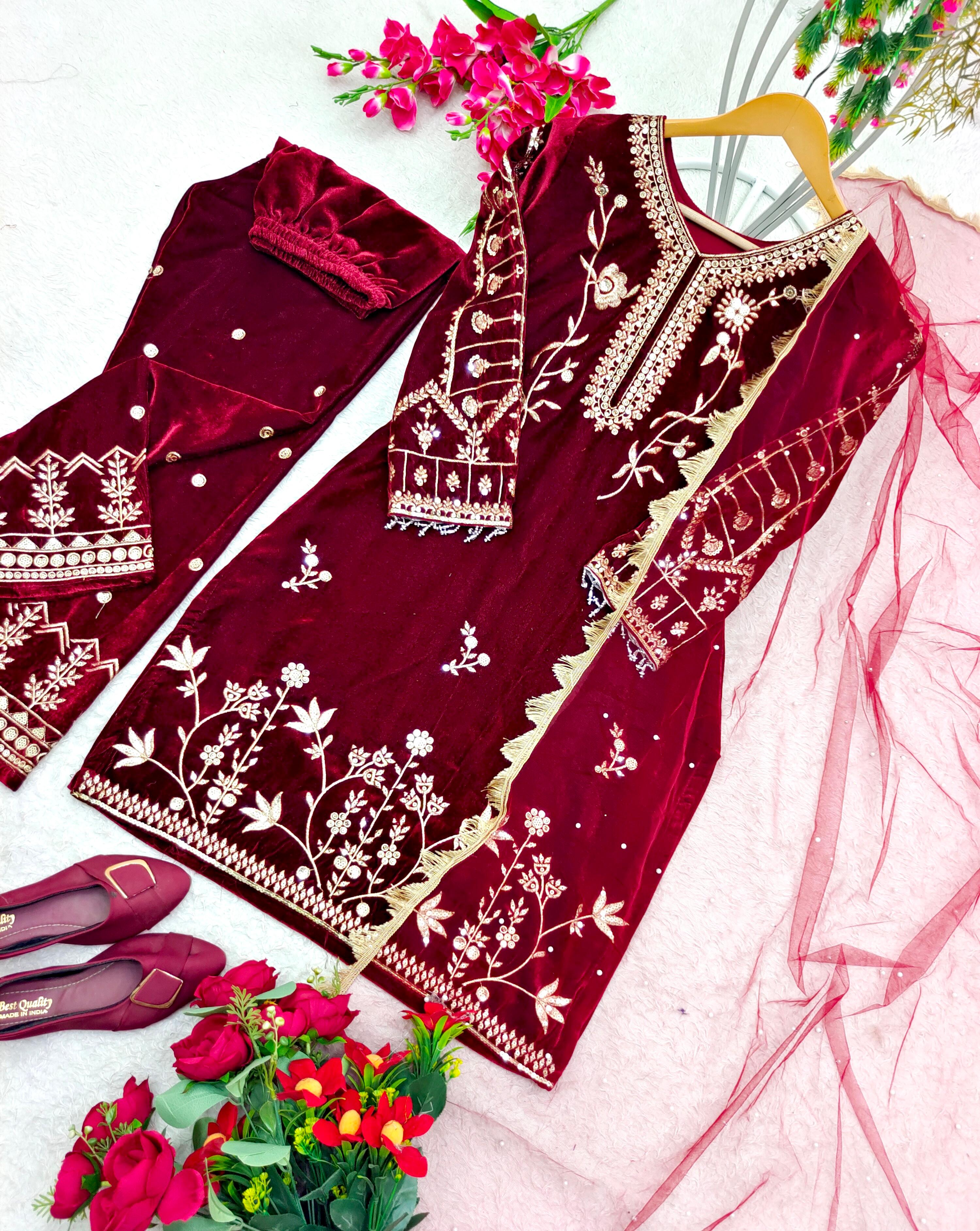 Maroon Color Function Wear Embroidered Velvet Salwar Suit