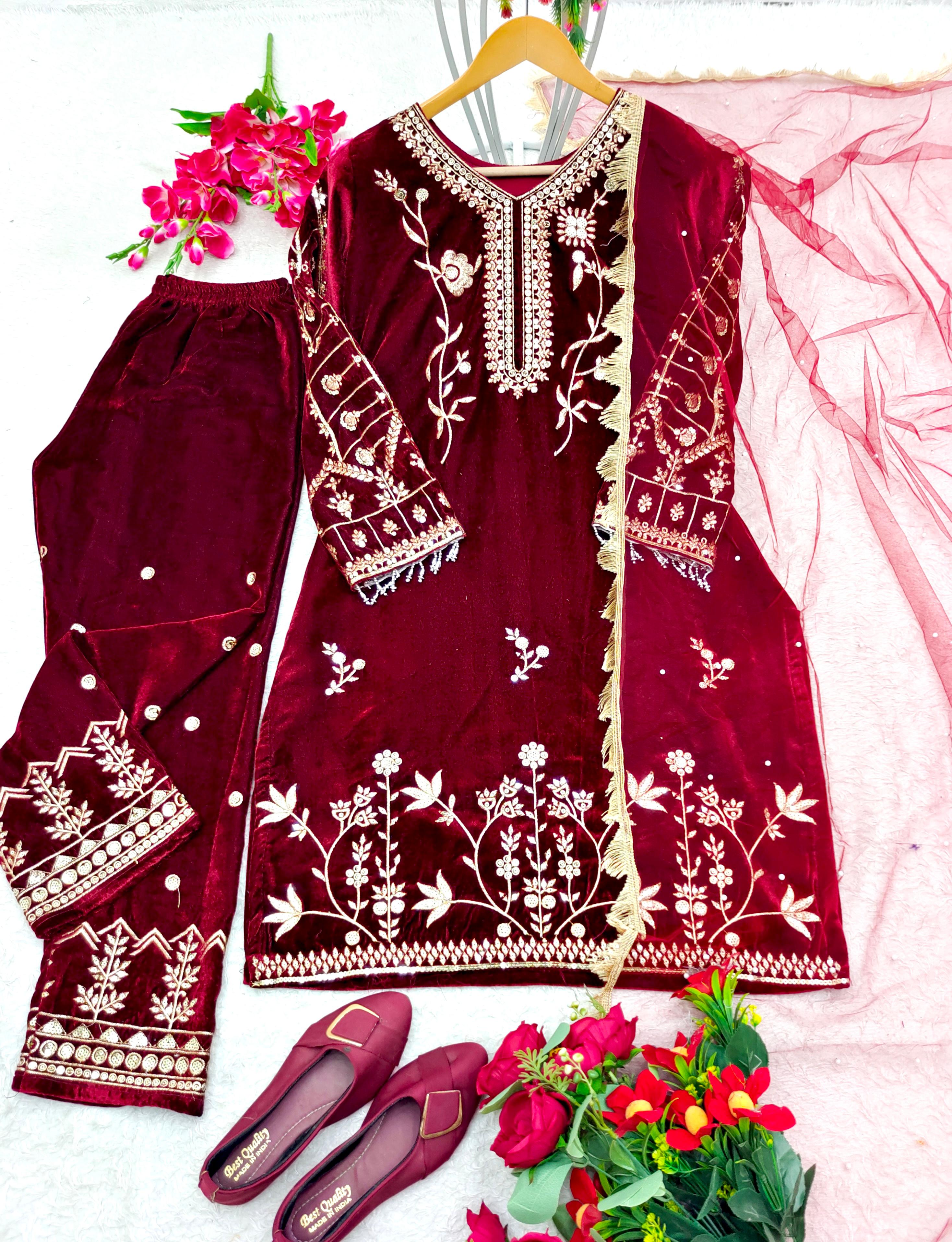 Maroon Color Function Wear Embroidered Velvet Salwar Suit