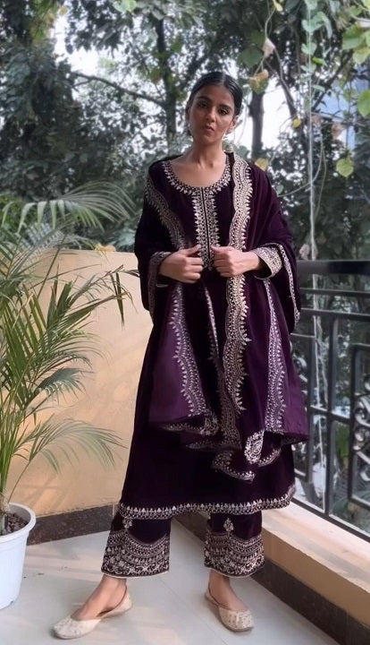 Pretty Purple Color Velvet Embroidery Work Salwar Suit