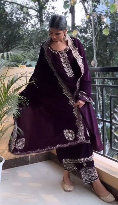 Pretty Purple Color Velvet Embroidery Work Salwar Suit