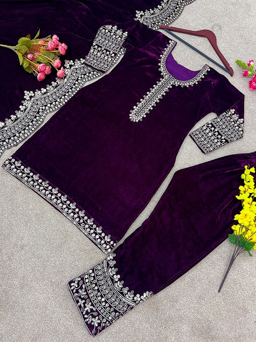 Pretty Purple Color Velvet Embroidery Work Salwar Suit