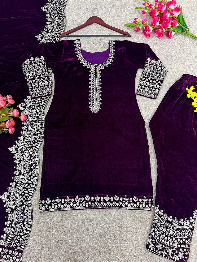 Pretty Purple Color Velvet Embroidery Work Salwar Suit