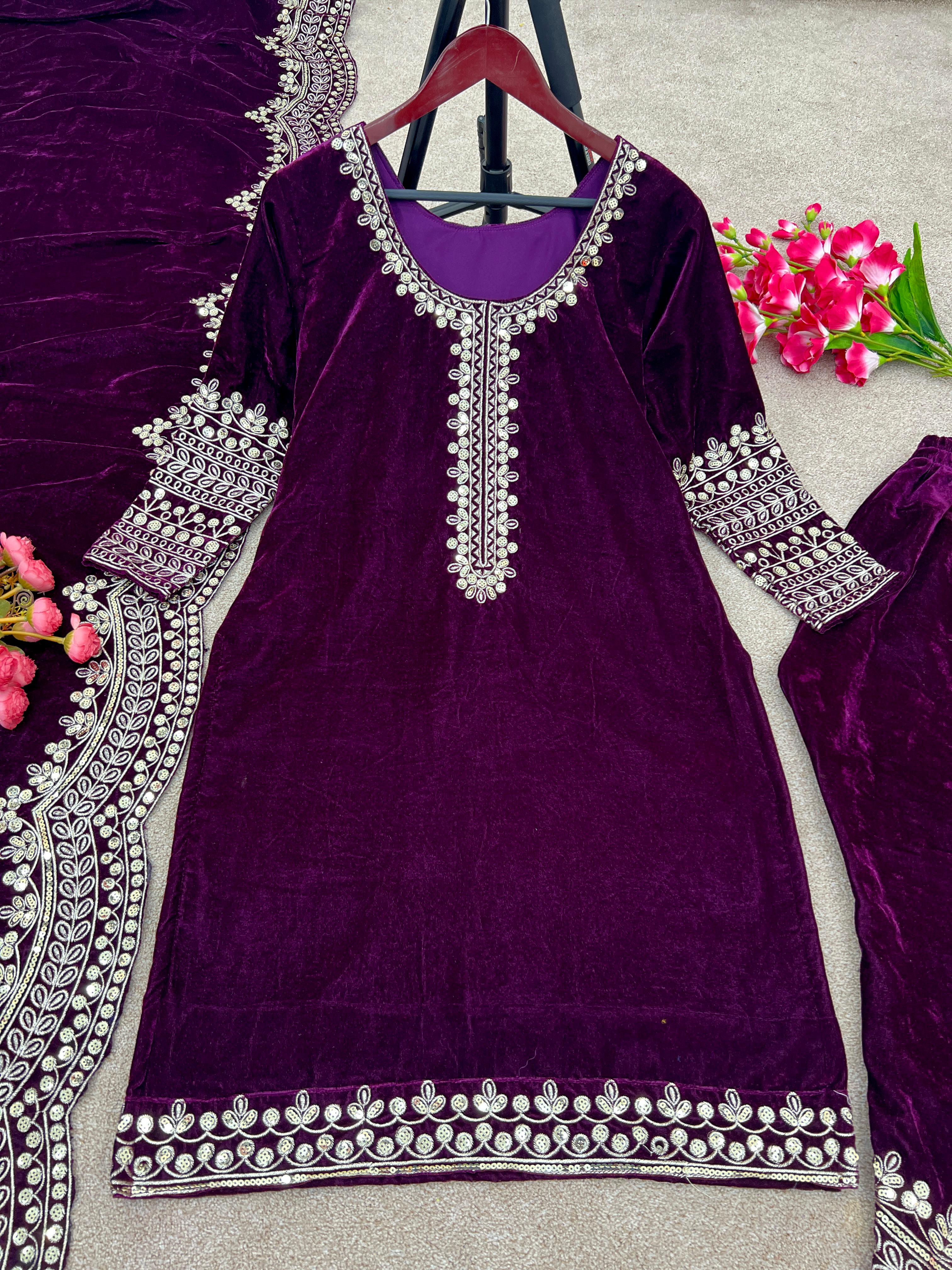 Pretty Purple Color Velvet Embroidery Work Salwar Suit