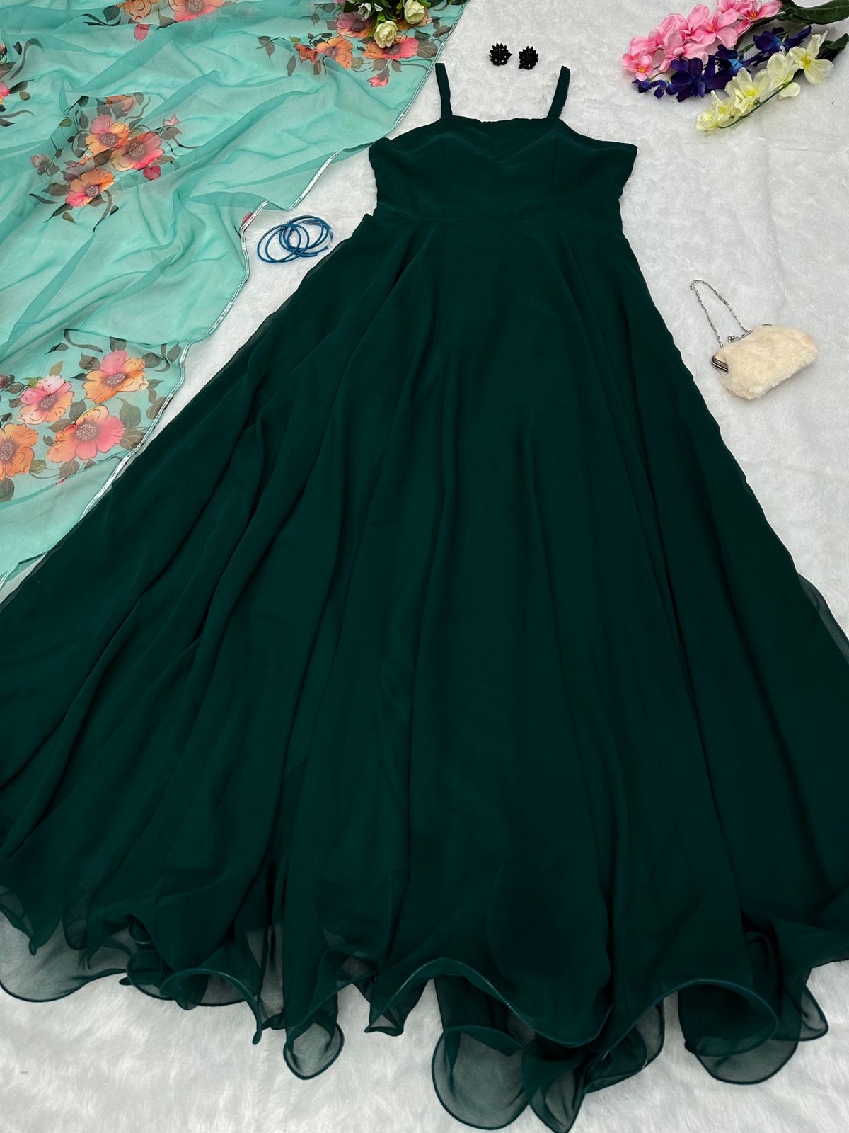 Stylish Dark Green Color Plain Gown With Printed Dupatta