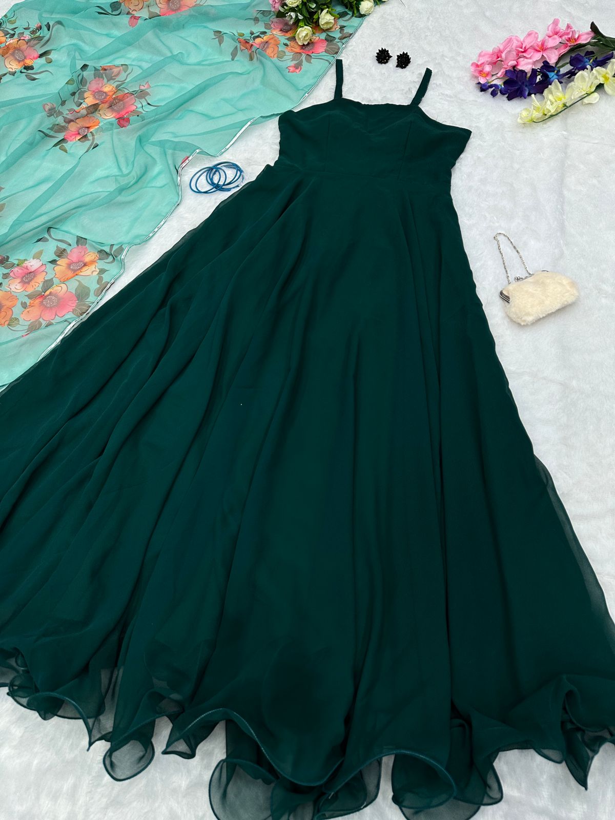 Stylish Dark Green Color Plain Gown With Printed Dupatta