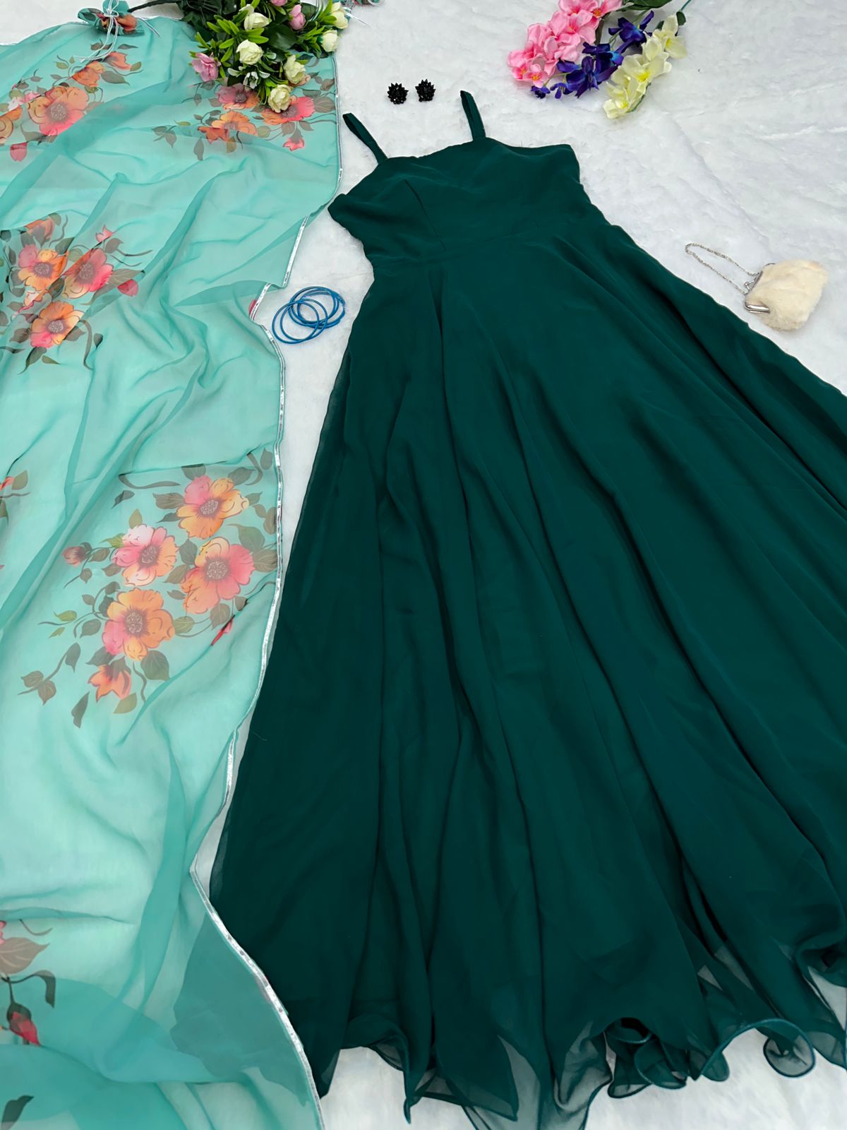 Stylish Dark Green Color Plain Gown With Printed Dupatta