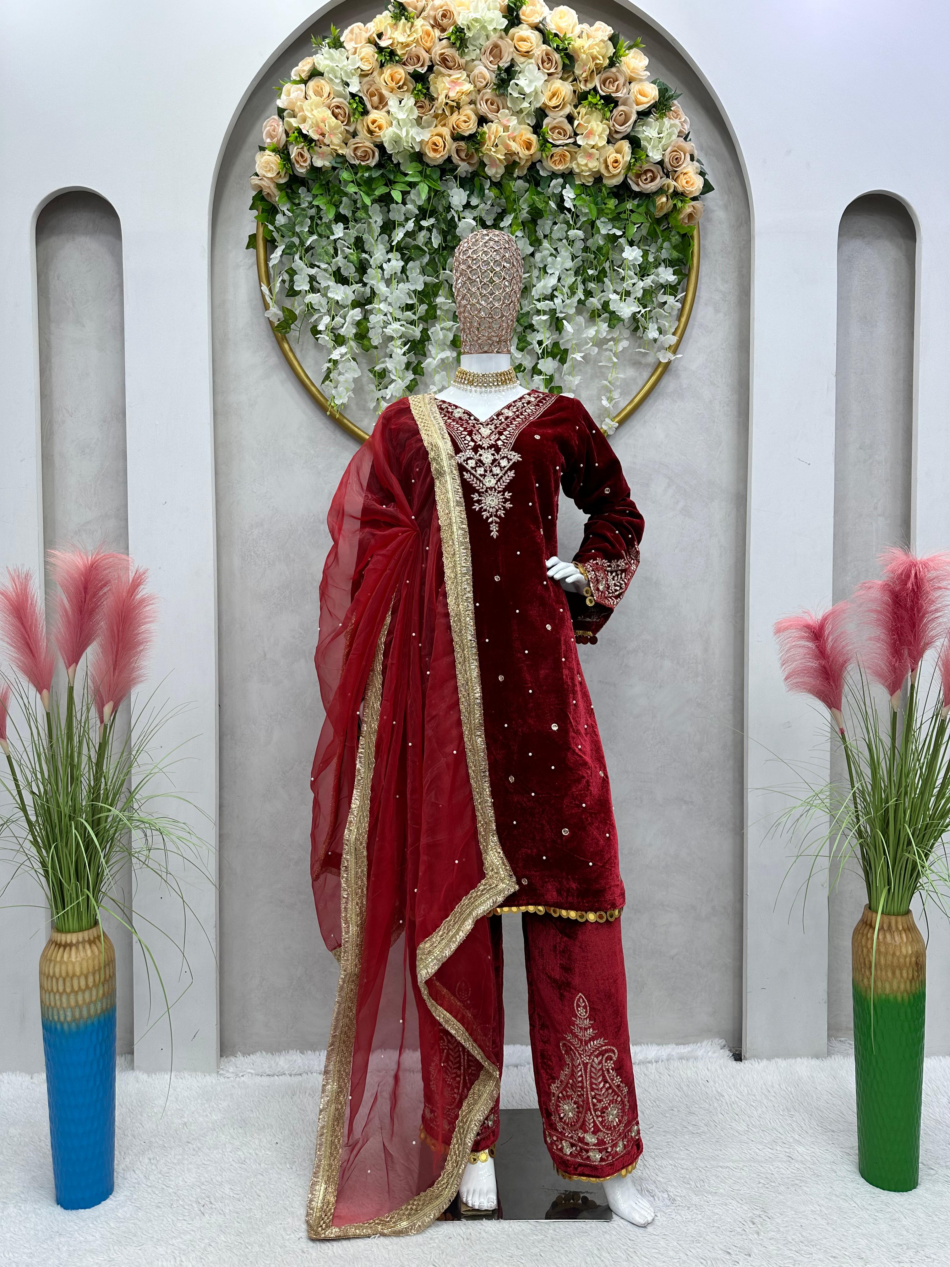 Outstanding Velvet Maroon Color Palazzo Suit