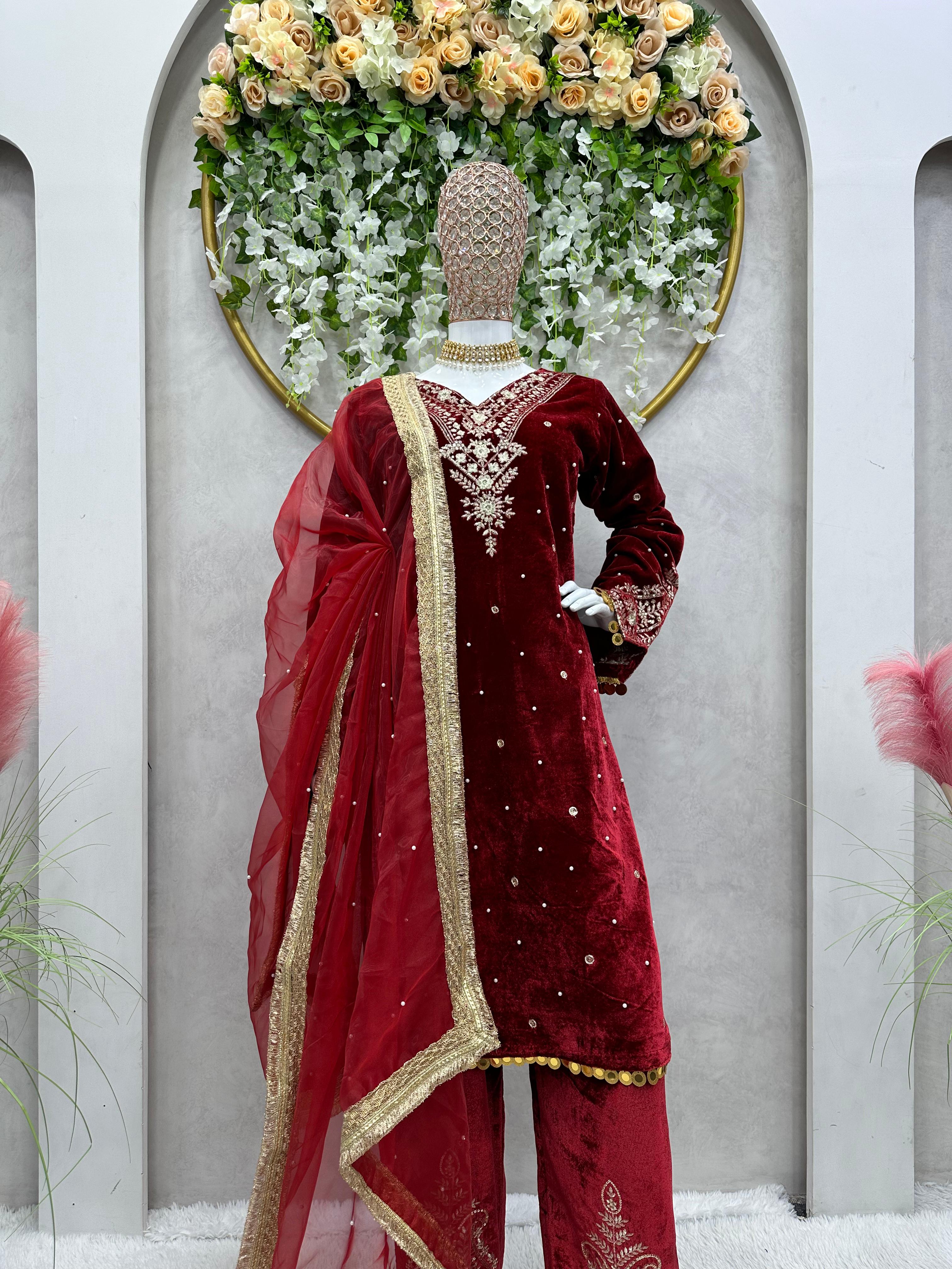 Outstanding Velvet Maroon Color Palazzo Suit